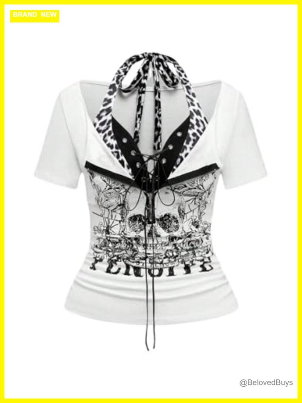 SHENHE Y2K Grunge Punk Skull Print Lace Up Halter Tee Emo Alt Shirt